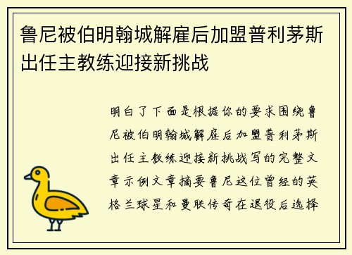 鲁尼被伯明翰城解雇后加盟普利茅斯出任主教练迎接新挑战 鲁尼被伯明翰城解雇后加盟普利茅斯出任主教练迎接新挑战